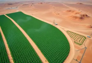 A desert farm utilizing AI irrigation systems for optimized water usage