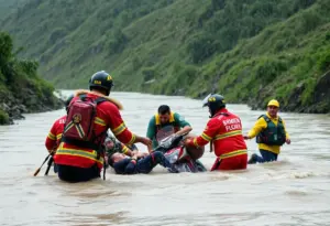 Emergency responders rescuing two individuals from floodwaters in Apache Junction