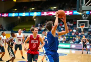 High school basketball game action featuring dynamic players on the court.
