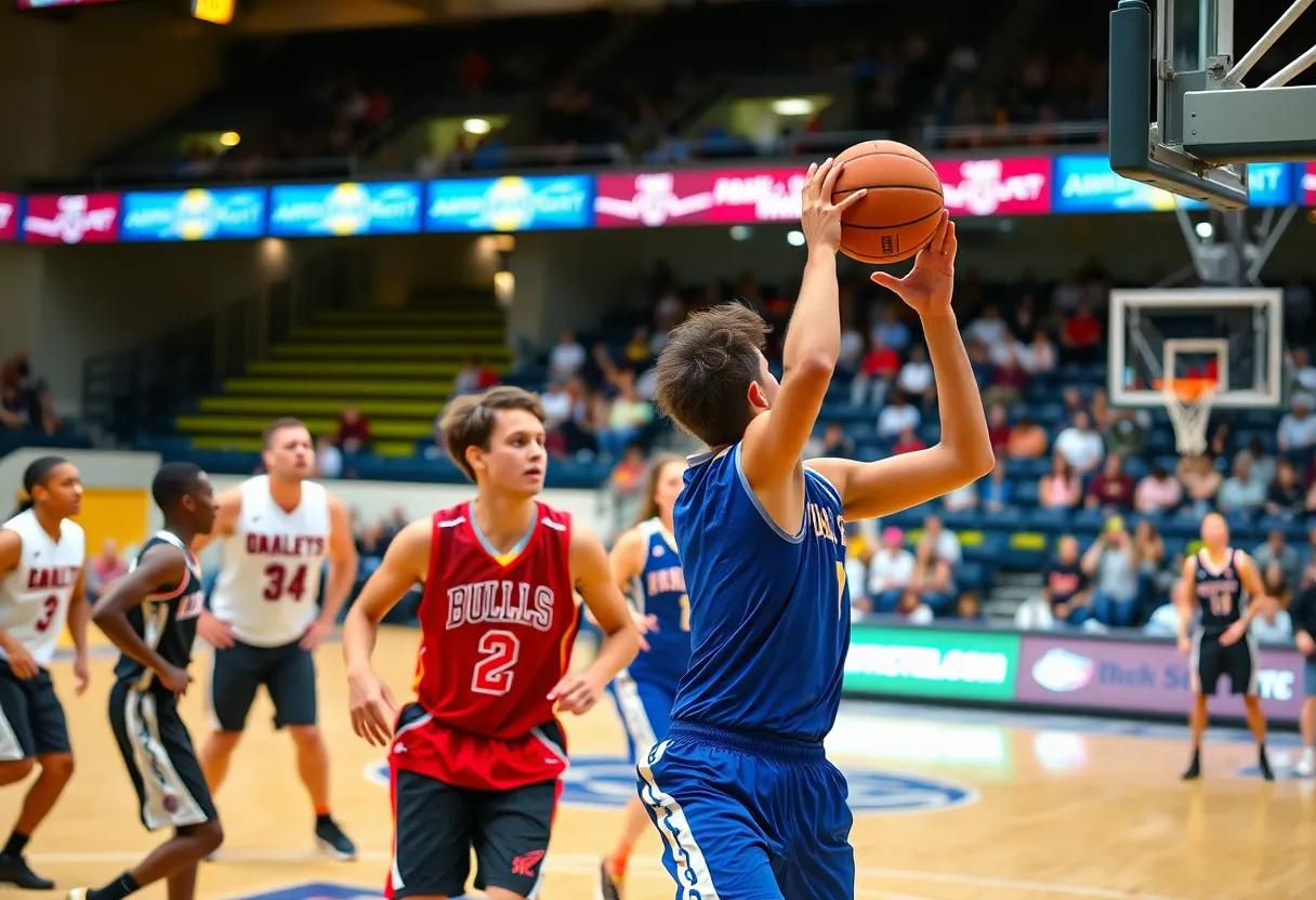 High school basketball game action featuring dynamic players on the court.