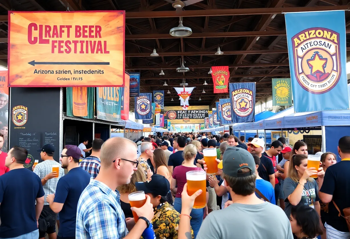 People celebrating at a beer festival highlighting Arizona breweries and craft beers.