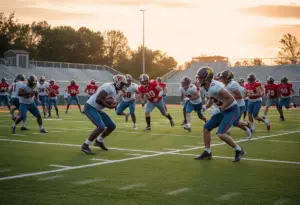 University of Arizona football team practice with defensive players in action