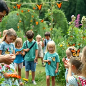 Families enjoying activities at the Arizona Insect Festival in a botanical garden.