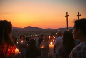 Participants at the Arizona Rosary Celebration holding candles at sunset
