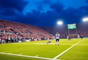 Arizona Wildcats football players playing against BYU Cougars in an intense match at Mulcahy Stadium.