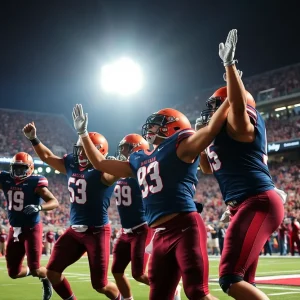 Arizona Wildcats football team celebrating a touchdown in a vibrant stadium.