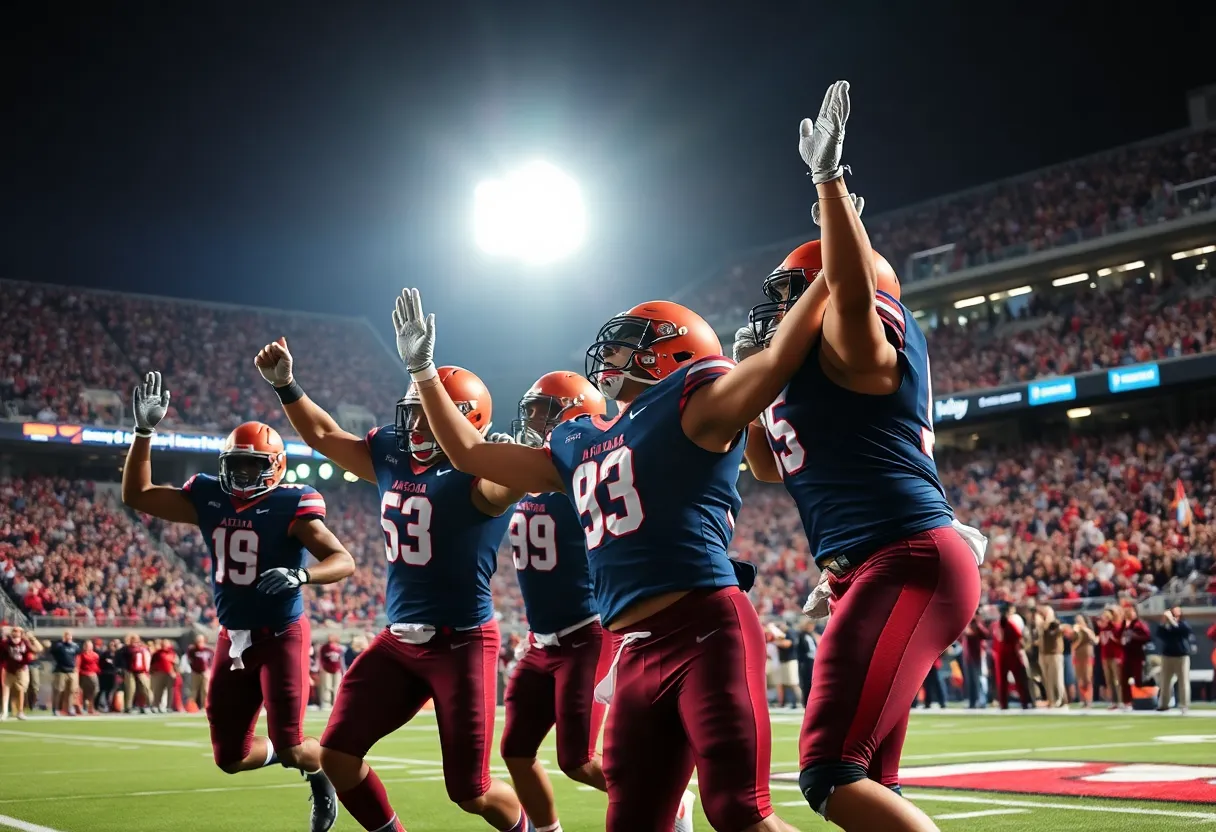 Arizona Wildcats football team celebrating a touchdown in a vibrant stadium.