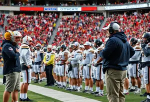 Arizona Wildcats football coaches discussing game strategies with fans in the background