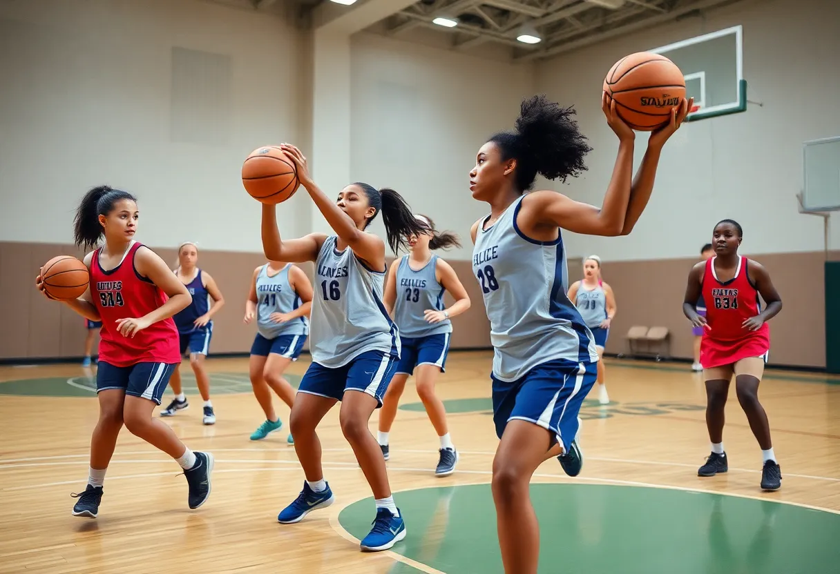 University of Arizona female basketball players practicing on the court