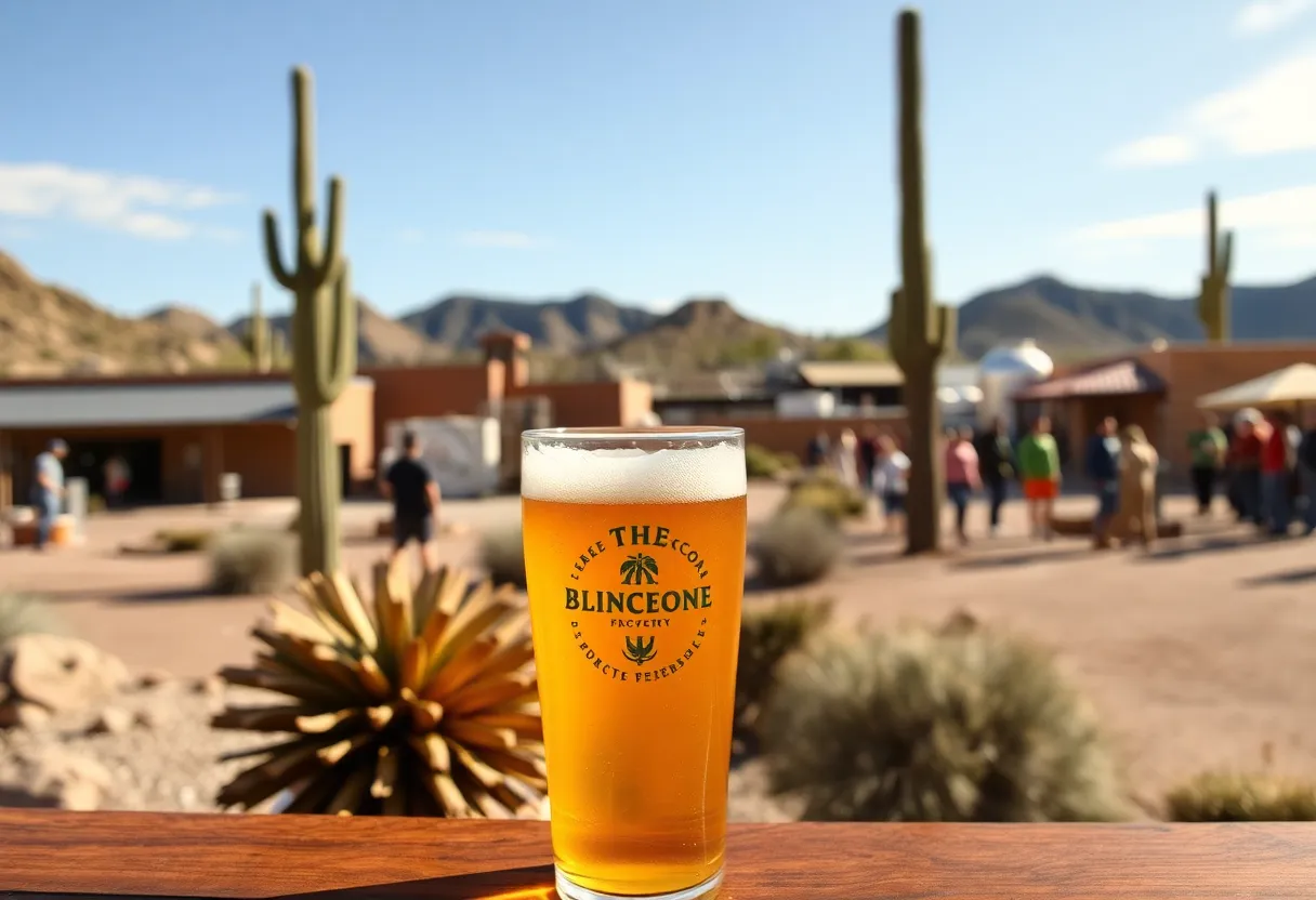 Barrio Brewing Co. blonde ale in a glass with brewery background