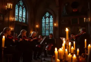 String quartets performing Halloween music in a candlelit space