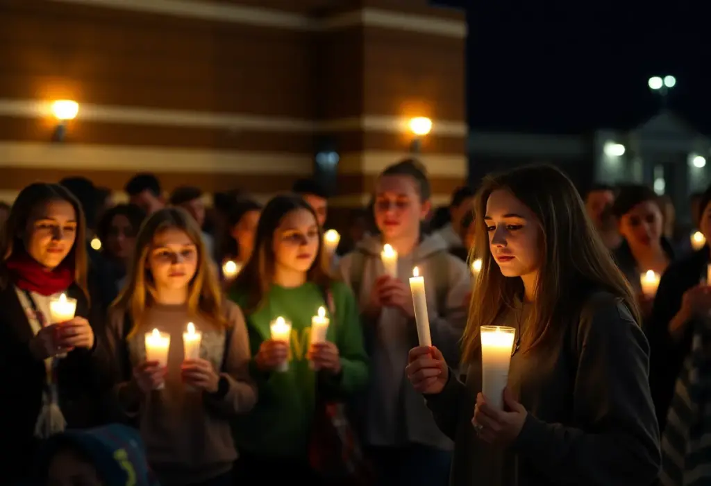 Community members gather at a candlelight vigil for a beloved English teacher.