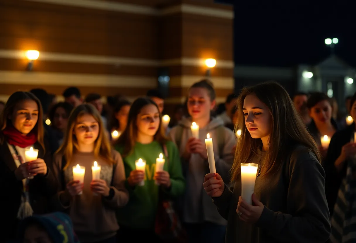 Community members gather at a candlelight vigil for a beloved English teacher.