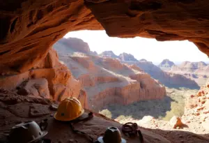 Entrance to a cave in Arizona with safety gear visible.