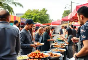 Attendees at the Chinese Chorizo Festival enjoying dishes at Mercado San Agustin