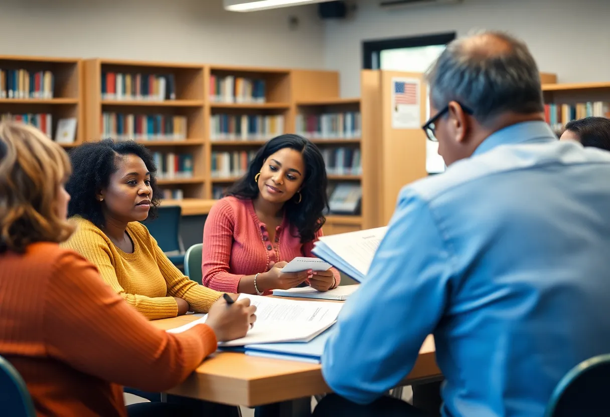 Adults participating in a citizenship exam preparation workshop at a community center.