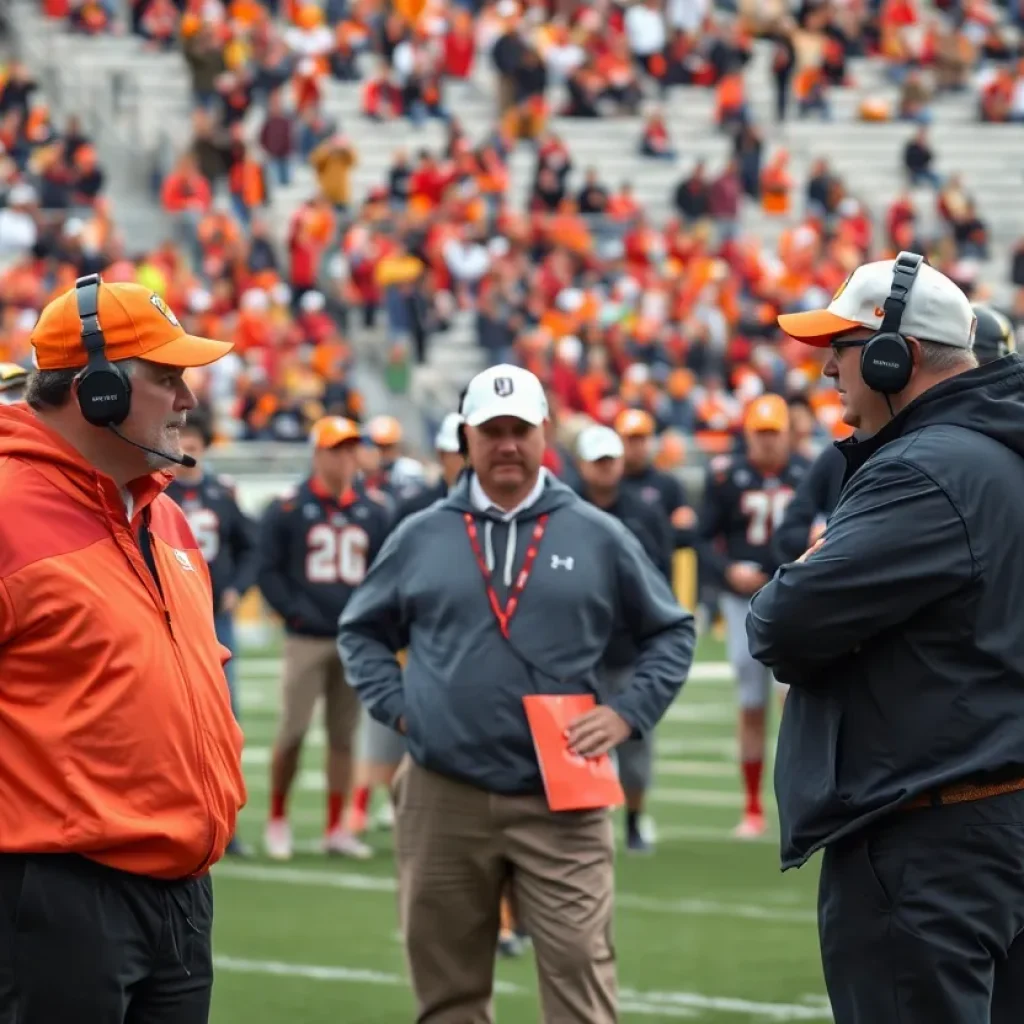 Coaches at a football field discussing recruitment strategies with fans in the background.