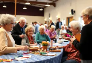Seniors enjoying a community event with crafts and music