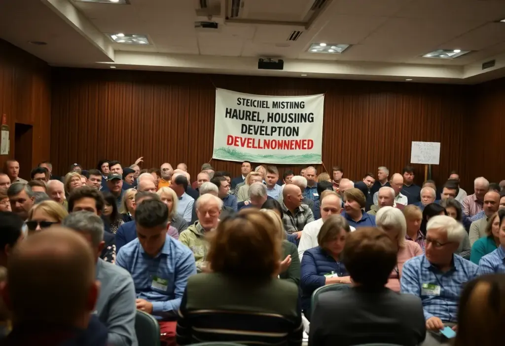 Community meeting with residents opposing Project Blue housing development.