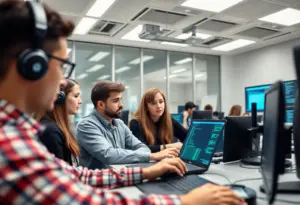 Interior of the cybersecurity center with students participating in a training session.
