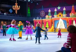 Disney On Ice performance showcasing characters on ice with excited families watching.