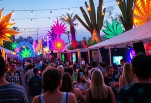 Crowd enjoying live music at DUSK Music Festival with cannabis-themed art installations in Tucson.
