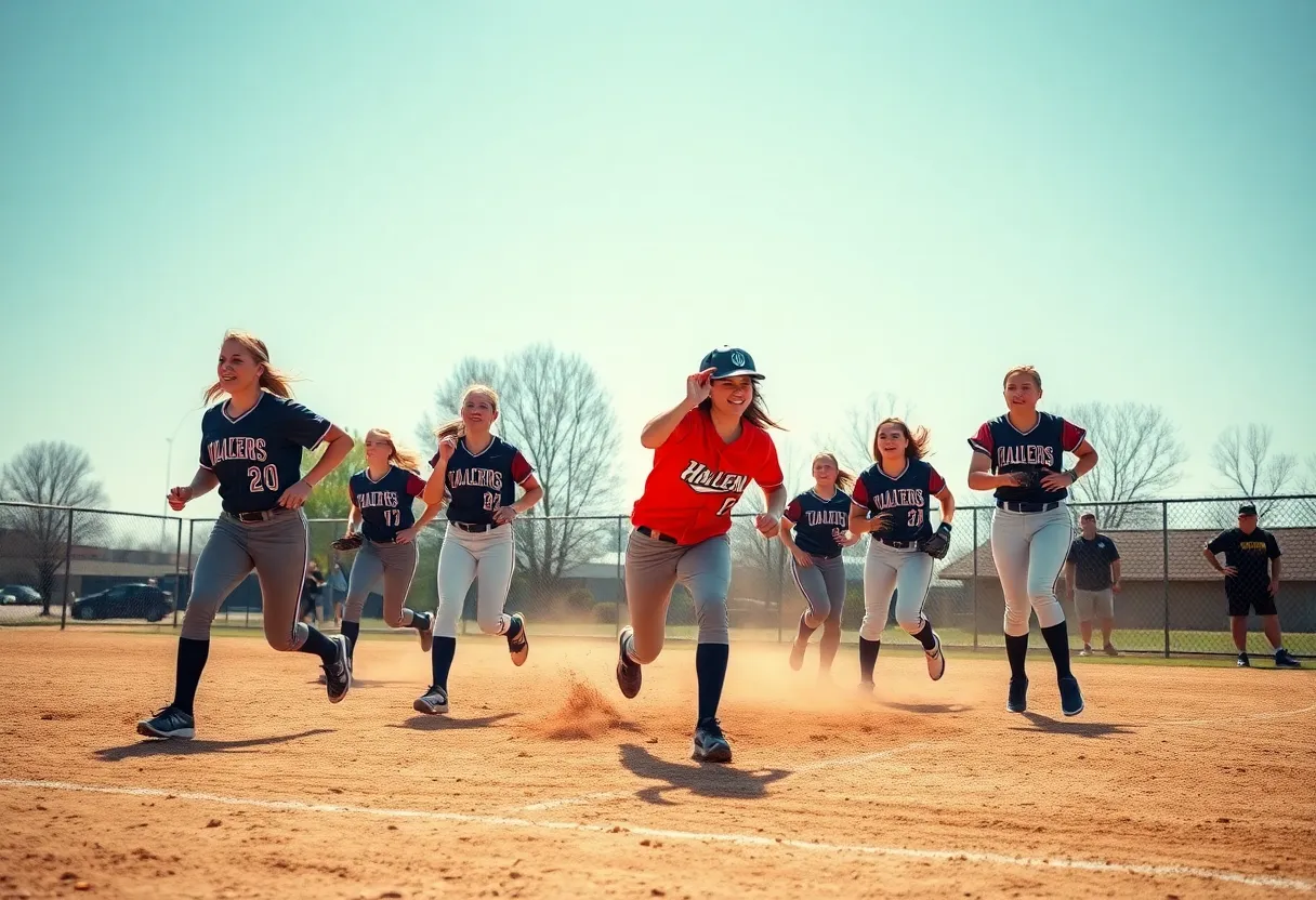 A softball player in action on the field at a college softball game.