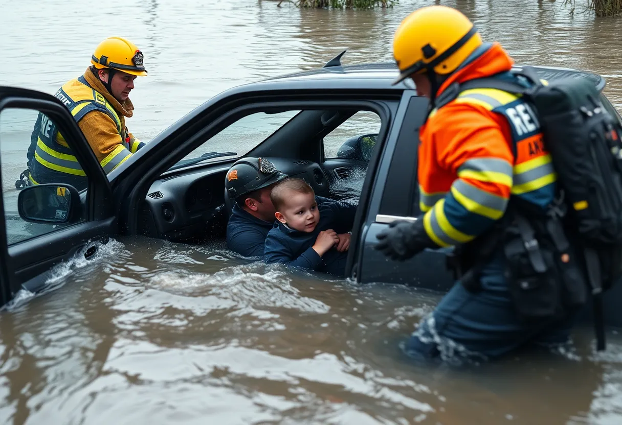 Emergency responders rescuing a man and baby from a flooded vehicle in Eloy.