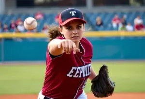 Female pitcher in motion on the softball field