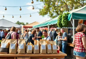 Coffee stand at Tucson Farmers Market featuring ethically sourced coffee bags