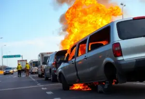 Emergency responders at the scene of a fiery multi-vehicle accident on US 60.