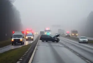 Emergency vehicles at a multi-vehicle crash site on Interstate 10 in foggy conditions.