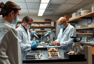 Forensic experts analyzing remains and utilizing advanced technology in a laboratory setting.