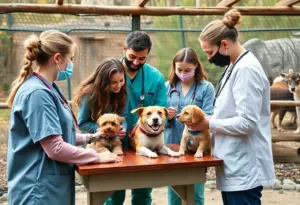 Veterinary students at Reid Park Zoo providing pet care services to families.