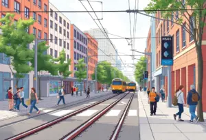 Scene illustrating the intersection of train tracks and busy university foot traffic area, highlighting safety concerns.