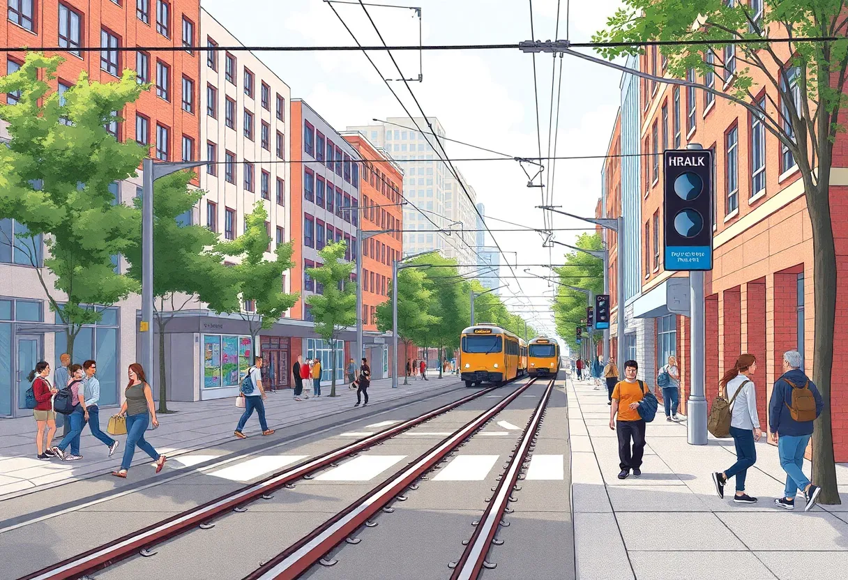 Scene illustrating the intersection of train tracks and busy university foot traffic area, highlighting safety concerns.