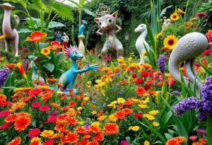 Vibrant floral displays and sculptures at the Tucson Botanical Gardens inspired by Frida Kahlo's artwork.