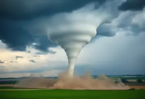 Funnel cloud formation over rural agricultural fields in Pima County, Arizona.