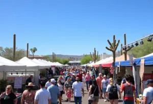 Festival scene at Gem & Jam Festival with music performances and vendor markets.
