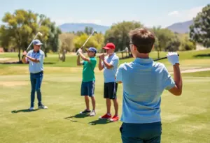 Young golfers practicing on a course under the guidance of a mentor.