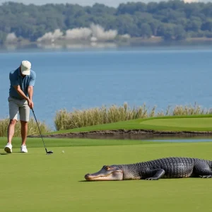 Golfer making a putt with an alligator watching from a distance.