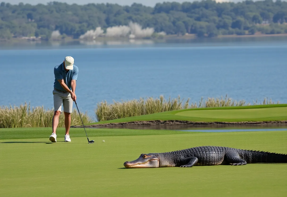 Golfer making a putt with an alligator watching from a distance.