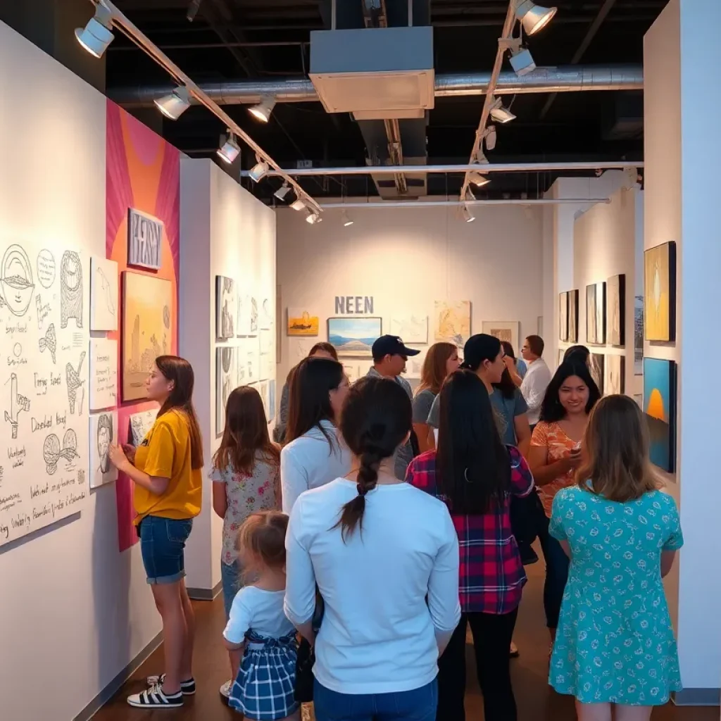 Visitors viewing artwork at Raúl Grijalva's exhibit at Tucson Museum of Art.