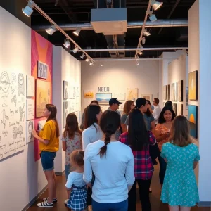 Visitors viewing artwork at Raúl Grijalva's exhibit at Tucson Museum of Art.