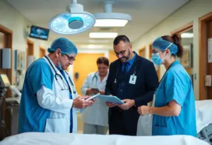 Healthcare professionals collaborating in a modern medical facility