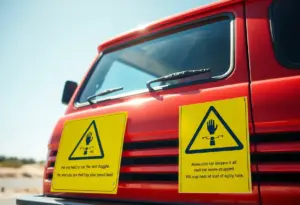 A parked car under the sun with heat warning signs.