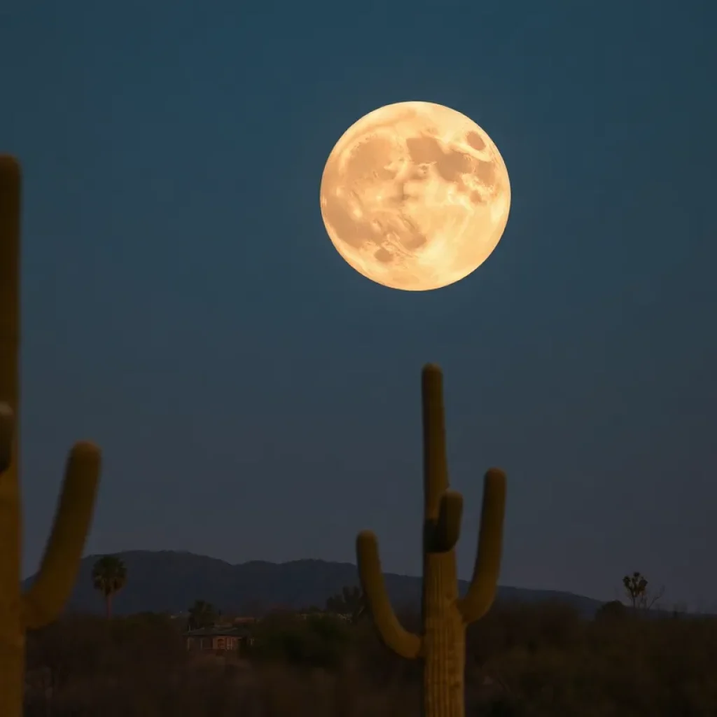 Supermoon rising over Tucson desert landscape