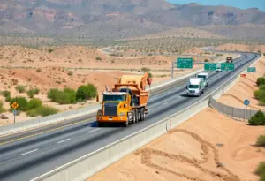 Construction workers widening I-10 highway near Tucson