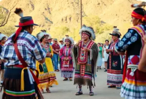 A colorful display of Native American cultural performances during Indigenous Peoples Day celebrations in Southern Arizona.