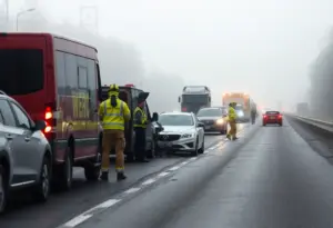 Emergency responders at the scene of a multi-vehicle crash on Interstate 10 during foggy weather.